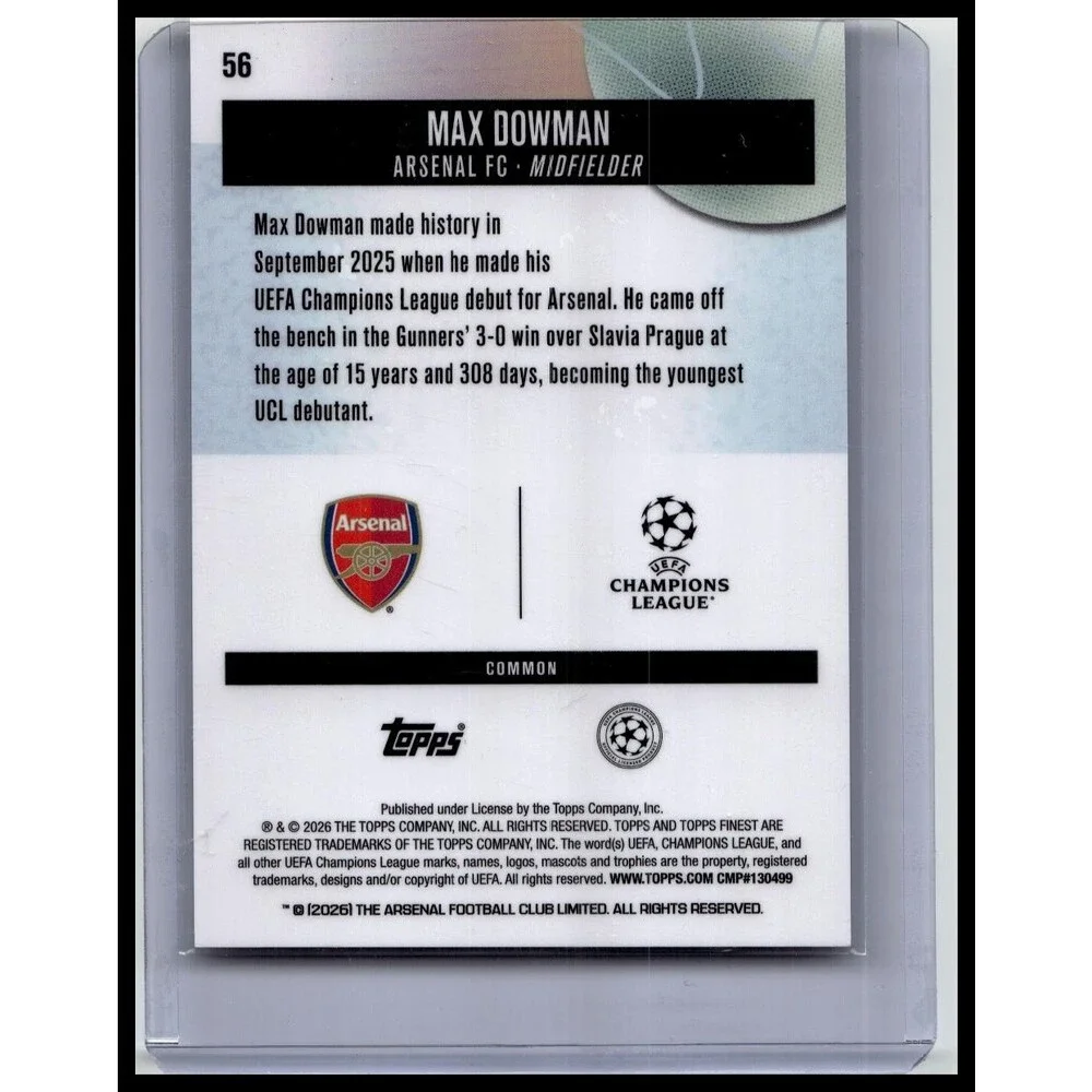 2025-26 Finest UEFA Max Dowman #56 Arsenal FC Blue Checkerboard Refractor #/99